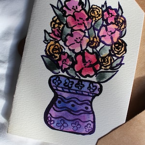 Hand Painted Vase Bouquet Watercolor Card, Special Flower Lover Gift, Florist Handmade Watercolour Card Gift, Blank Original Art Card