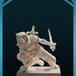May include: A white painted figurine of a Tabaxi rogue named Naomi. The figurine is posed in a crouching position, holding a dagger in one hand and a sword in the other. The figurine is set on a white base.