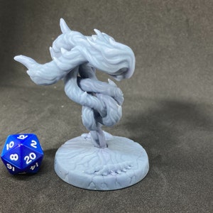 May include: A blue 3D printed miniature of a swirling, ethereal creature with a base. The creature is reminiscent of a cloud or smoke.