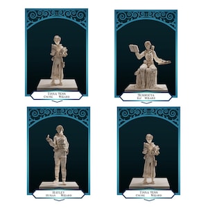 May include: Four miniature figurines of wizards, each with a different race and pose. The figurines are painted in a white color and are displayed on a blue background with a decorative border. The text below each figurine identifies the race and class of the wizard.