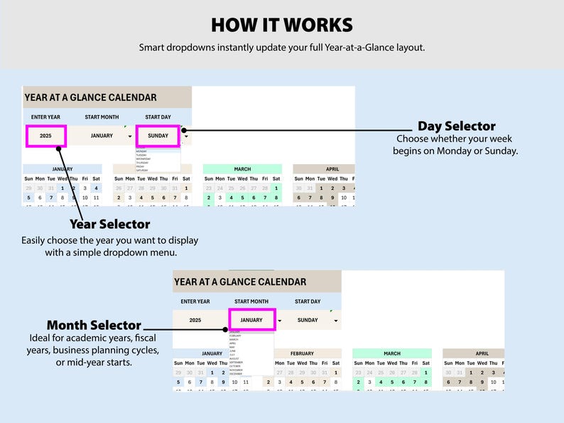 Annual Calendar Spreadsheet Excel & Google Sheets | Year at a Glance ...