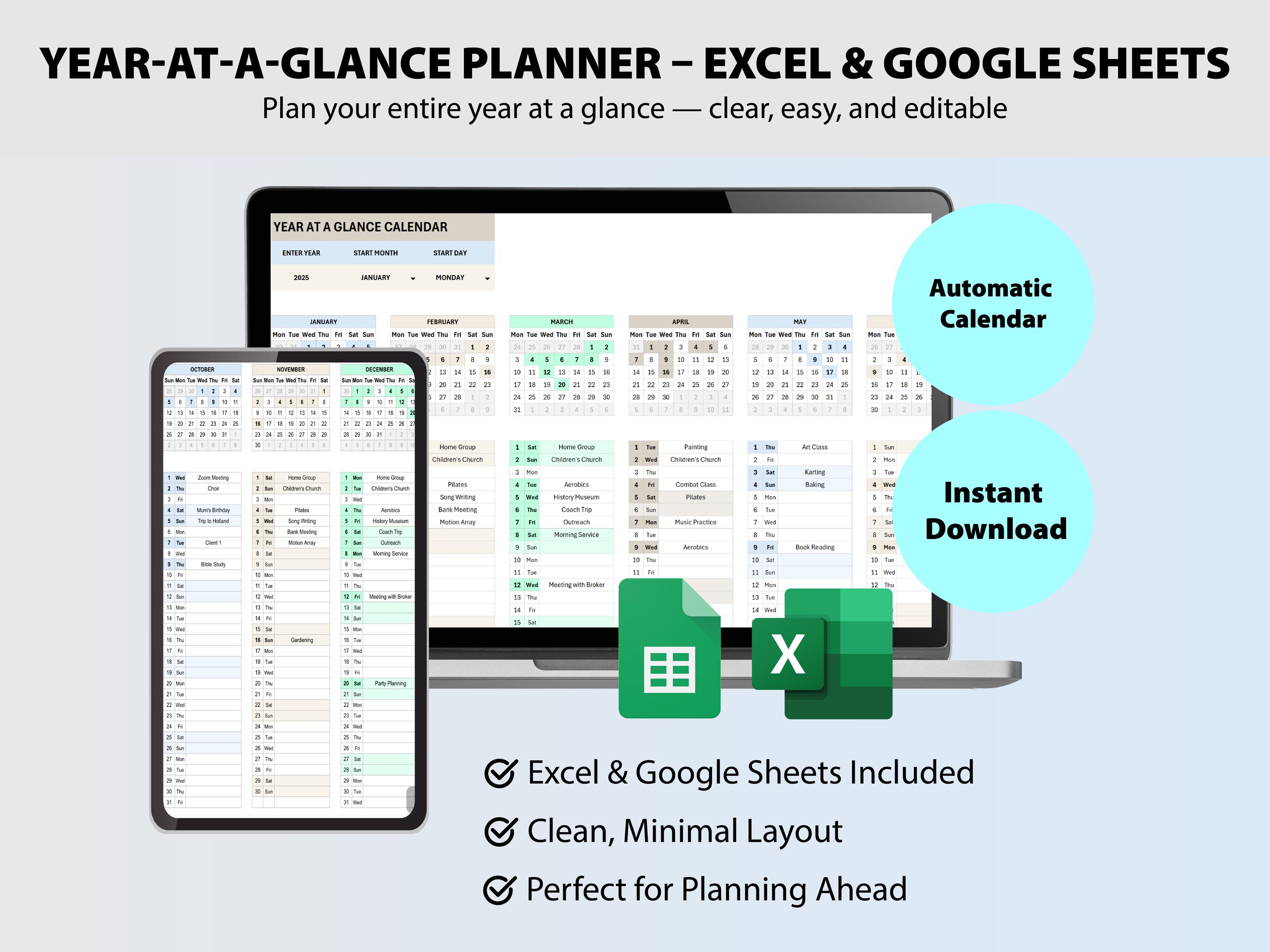 Annual Calendar Spreadsheet Excel & Google Sheets | Year at a Glance ...