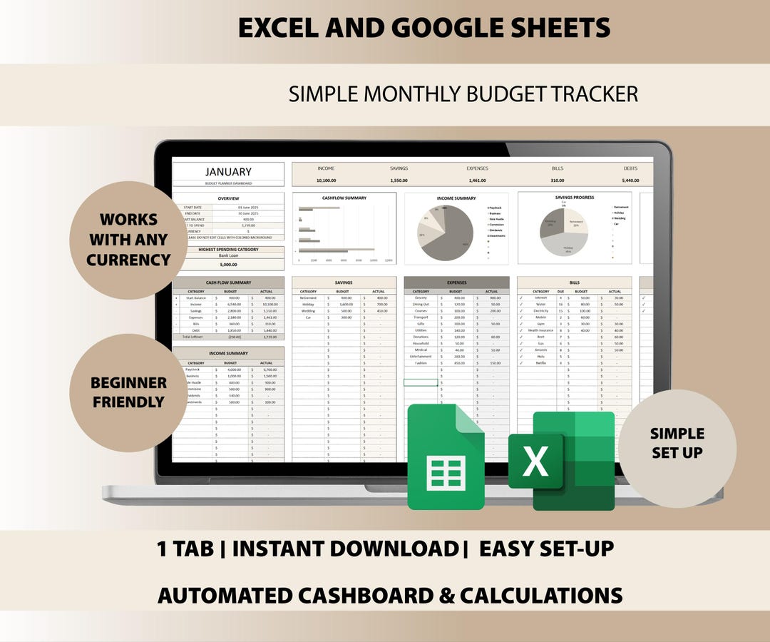 Monthly Budget Spreadsheet for Excel & Google Sheets | Personal Finance ...