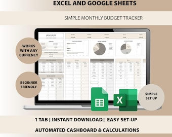 Hoja de cálculo de presupuesto mensual para Excel y Google Sheets / Seguimiento de finanzas personales / Seguimiento de ingresos y gastos / Planificador financiero