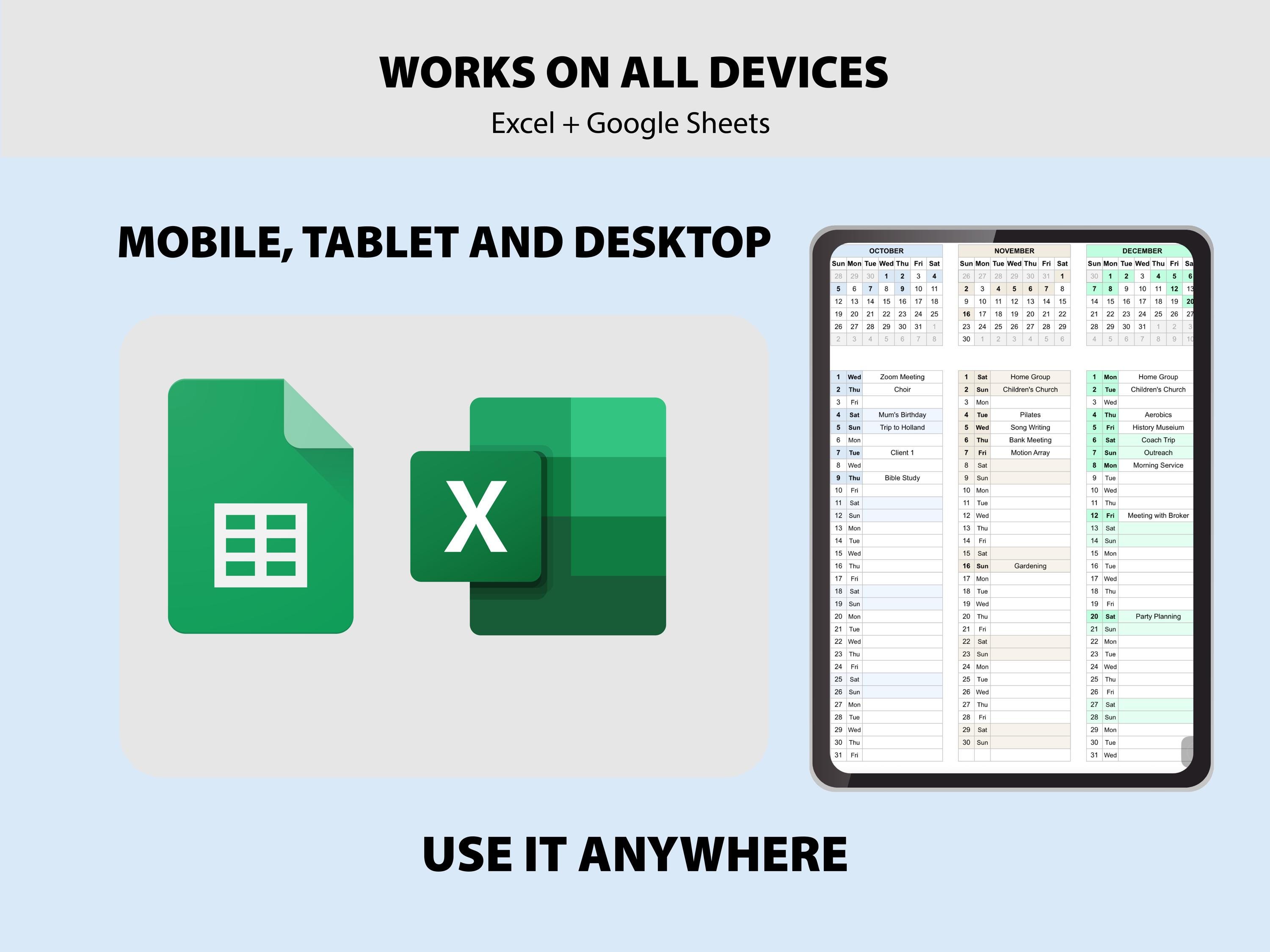Annual Calendar Spreadsheet Excel & Google Sheets | Year at a Glance ...