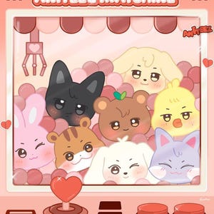 May include: A pink illustration of a claw machine game with the text "ANITEEZ MATCHINE". The machine contains cartoon animal faces, including a black cat, bear, and bunny. The game has a joystick and red buttons.