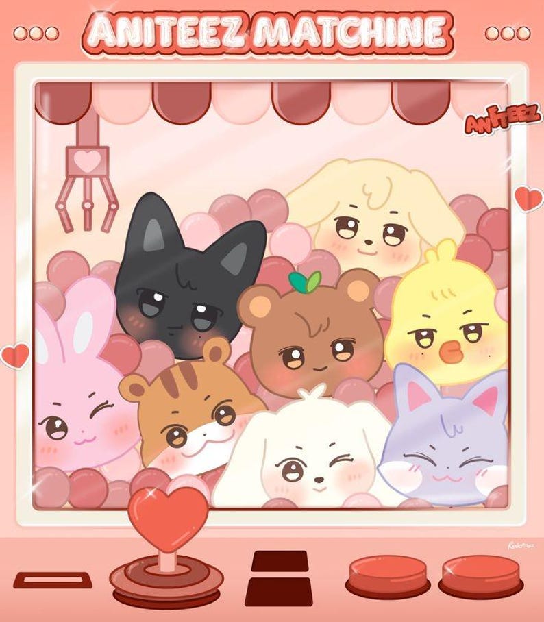 May include: A pink illustration of a claw machine game with the text "ANITEEZ MATCHINE". The machine contains cartoon animal faces, including a black cat, bear, and bunny. The game has a joystick and red buttons.