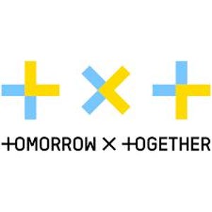 May include: The image displays the logo for the musical group, Tomorrow X Together. The logo features three abstract shapes in blue and yellow, with the group's name written below in black, sans-serif font.