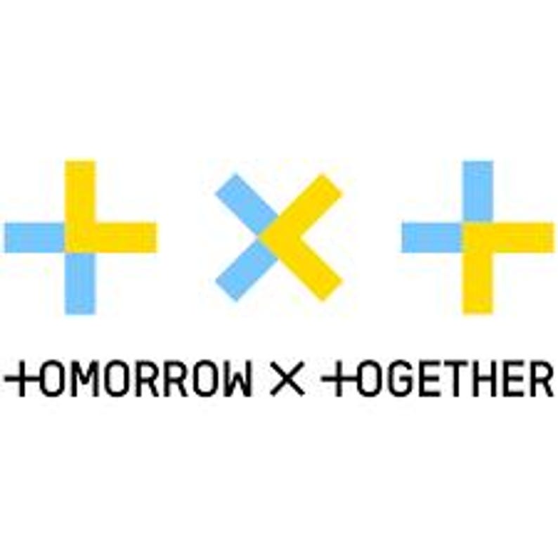 May include: The image displays the logo for the musical group, Tomorrow X Together. The logo features three abstract shapes in blue and yellow, with the group's name written below in black, sans-serif font.