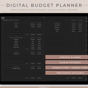 Planificador de presupuesto digital sin fecha para nóminas quincenales, semanales o mensuales / 294 pegatinas digitales financieras / Horizontal / Modo oscuro