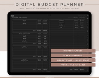 Undated Digital Budget Planner for bi-weekly, weekly or monthly paycheck | 294 Finance Digital Stickers | Landscape | Dark mode