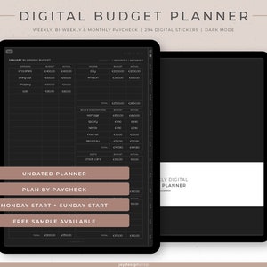 Planificador de presupuesto digital sin fecha para nóminas quincenales, semanales o mensuales / 294 pegatinas digitales financieras / Retrato / Modo oscuro