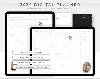 2024 Essentials Digital Planner | Yearly, monthly, weekly and daily minimal planner | Monday and Sunday Start | Landscape and Portrait