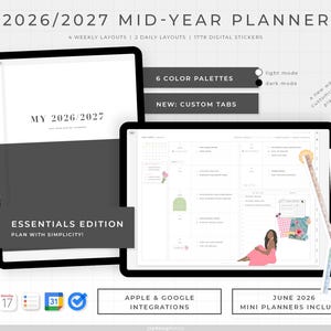 Op de afbeelding: Digitale planner voor 2026/2027 met wekelijkse en dagelijkse lay-outs, plus 1778 digitale stickers. Beschikt over 6 kleurenpaletten, aangepaste tabbladen en Apple & Google-integraties. De planner bevat mini-planners voor juni 2026. Essentials Edition.
