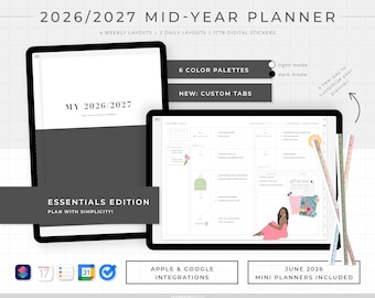 May include: Digital planner for 2026/2027 with weekly and daily layouts, plus 1778 digital stickers. Features 6 color palettes, custom tabs, and Apple & Google integrations. The planner includes mini planners for June 2026. The Essentials Edition is designed for simplicity.