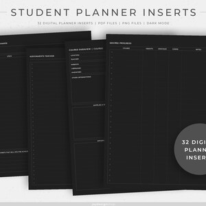 Wkładki do cyfrowego planera dla studentów | 32 szablony akademickie dla studentów | Pliki PDF i PNG | Portret, tryb ciemny