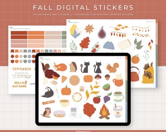 Fall Digital Stickers | 147 Hand-drawn, functional & quotes stickers | Individual PNG files, GoodNotes file with pre-cropped stickers