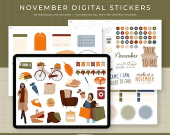 November Digital Stickers | 155 Hand-drawn, functional & quotes stickers for fall | Individual PNG files, GoodNotes pre-cropped stickers