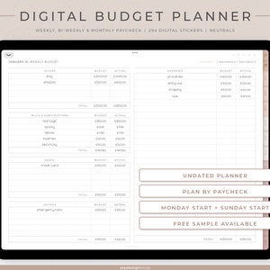 Planificador de presupuesto digital sin fecha para nóminas quincenales, semanales o mensuales / 294 pegatinas digitales financieras / Paisaje / Neutrales