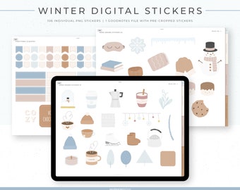 Winter Digital Stickers | 106 Hand-drawn, functional & quotes stickers | Individual PNG files, GoodNotes file with pre-cropped stickers