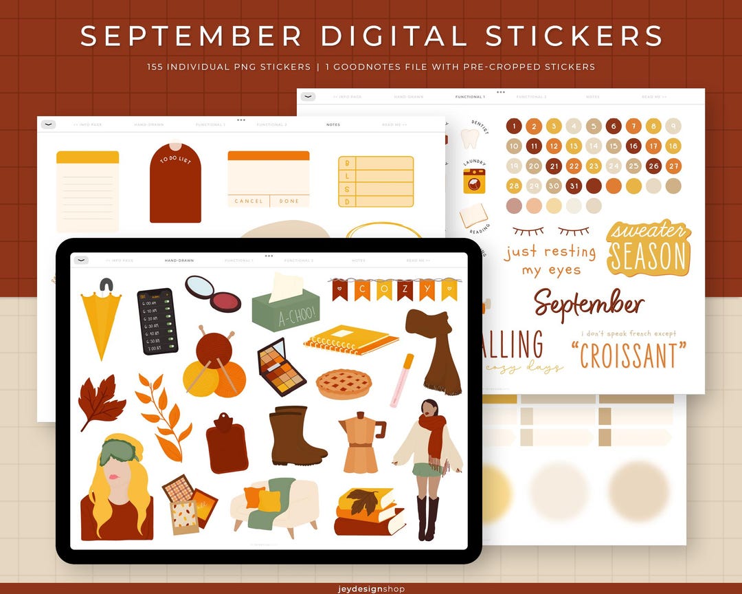 September Digital Stickers | 155 Hand-drawn, Functional & Quotes ...