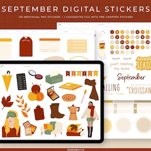 May include: A digital sticker set for September, featuring 155 individual PNG stickers. The image shows a tablet displaying various fall-themed illustrations, including a calendar, cozy items, and the text "September". Additional stickers are displayed on paper.