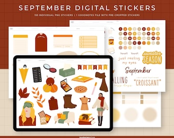 September Digital Stickers | 155 Hand-drawn, functional & quotes stickers for fall | Individual PNG files, GoodNotes pre-cropped stickers