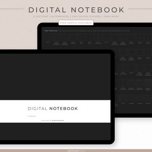 May include: A digital notebook featuring 12 sections, 65 templates, and 300+ digital stickers. The notebook is in dark mode and offers a free sample. The image displays a preview of the notebook's pages, showcasing a variety of templates and stickers.