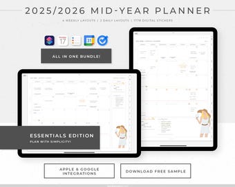 2025/2026 Mid-Year Digital Planner | Yearly, monthly, weekly & daily Essentials Planner | Monday and Sunday Start | Landscape and Portrait