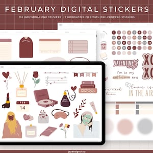 Könnte beinhalten: Ein digitaler Sticker-Set zum Thema Valentinstag. Die Sticker zeigen Illustrationen von Herzen, Blumen, einem Kalender, einem Plattenspieler, einer Schlafmaske, einem Diffusor und einer Frau mit einer Gesichtsmaske. Der Text "Valentinstag", "Ich bin in meiner Selbstliebe-Ära" und "Liebe liegt in der Luft" ist im Sticker-Set enthalten.