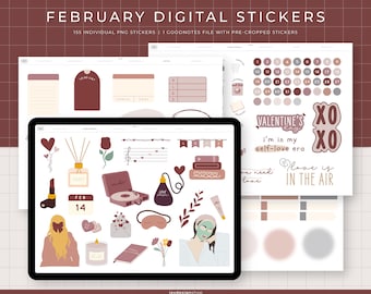 February Digital Stickers | 155 Valentines hand-drawn, functional & quotes stickers | Individual PNG files, GoodNotes pre-cropped stickers