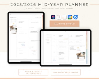 2025/2026 Mid-Year Digital Planner | July-June | Yearly, monthly, weekly & daily planner | Monday and Sunday Start | Landscape and Portrait