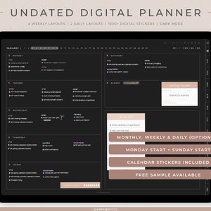 Undated Digital Planner with hyperlinks | Yearly, monthly, weekly and daily planner | Monday and Sunday Start | Landscape | Dark Mode