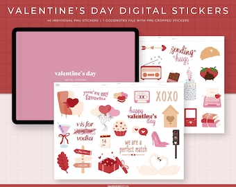 Valentine’s Digital Stickers | 40 Valentines hand-drawn, functional & quotes stickers | Individual PNG files, GoodNotes pre-cropped stickers