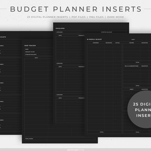 Plantillas de planificador digital de presupuesto / 25 plantillas de seguimiento de finanzas / Archivos PDF y PNG / Vertical, modo oscuro