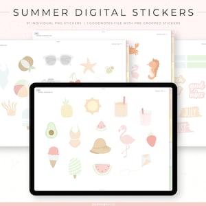 Könnte beinhalten: Ein digitaler Download von 91 Sommer-Stickern zur Verwendung in der Goodnotes-App. Die Sticker zeigen eine Vielzahl von Sommer-Icons, darunter eine Wassermelone, Ananas, Eiswaffel und ein Flamingo. Der Text "ch good vibes JULY" ist ebenfalls im Bild enthalten.