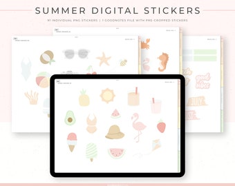Summer Digital Stickers | 91 Hand-drawn, functional & quotes stickers | Individual PNG files, GoodNotes file with pre-cropped stickers