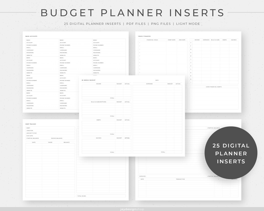 Budget Digital Planner Inserts 25 Finances Tracker Templates PDF & PNG