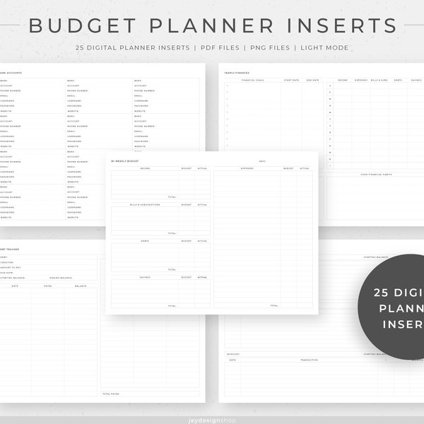 Budget Digital Planner Inserts | 25 finances tracker templates | PDF & PNG files | Landscape, Light Mode