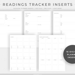 May include: A set of 16 printable planner inserts for tracking reading progress. The inserts include pages for book reviews, favorite books, reading challenges, and a monthly reading log.