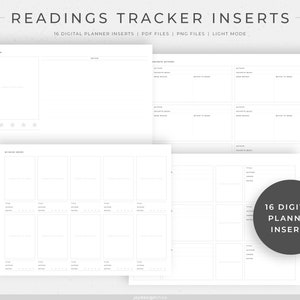 May include: A set of 16 printable planner inserts for tracking books read. The inserts are in a light gray color scheme and include sections for book title, author, rating, and more. The text "READINGS TRACKER INSERTS" and "16 DIGITAL PLANNER INSERTS" is included in the image.