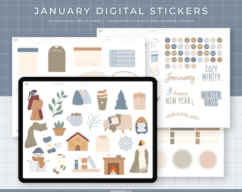 January Digital Stickers | 155 Hand-drawn, functional & quotes stickers for winter | Individual PNG files, GoodNotes pre-cropped stickers