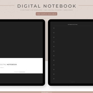 May include: A digital notebook app mockup on a tablet screen. The app has a dark mode interface with a black background and white text. The app has 12 sections, 65 templates, and 300 digital stickers. The text "DIGITAL NOTEBOOK" is displayed on the screen.