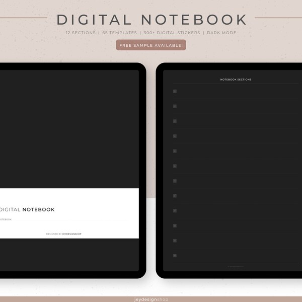 Digital Notebook for students with hyperlinked tabs | 12 subject journal with grid, dot, lined, Cornell templates | Portrait | Dark Mode