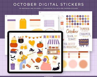 October Digital Stickers | 155 Hand-drawn, functional & quotes stickers for fall | Individual PNG files, GoodNotes pre-cropped stickers