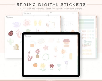 Spring Digital Stickers | 146 Hand-drawn, functional & quotes stickers | Individual PNG files, GoodNotes file with pre-cropped stickers