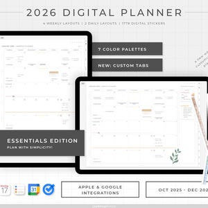 2026年 エッセンシャルズ デジタルプランナー | 年間、月間、週間、日次ミニマルプランナー | 月曜日と日曜日開始 | 横長と縦長