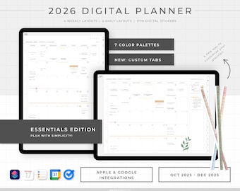 2026 Essentials Digital Planner | Yearly, monthly, weekly and daily minimal planner | Monday and Sunday Start | Landscape and Portrait