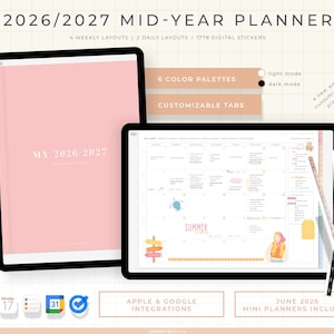 May include: Digital planner for 2026/2027 with a pink cover and black border. The planner includes weekly and daily layouts, 1778 digital stickers, and customizable tabs. Features include 6 color palettes, Apple & Google integrations, and June 2026 mini planners.