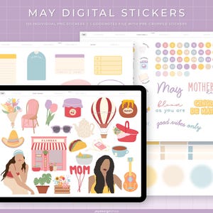 May include: Digital stickers for the month of May. The stickers feature a variety of designs, including flowers, a hot air balloon, a jar of honey, a sombrero, a flower shop, a mom graphic, a woman with long hair, a guitar, and text that says "May Mother's Day Bloom as you are Cinco de Mayo good vibes only".